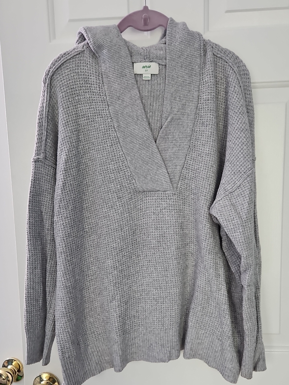 aerie Waffle-Knit V-Neck Gray Hooded Sweater